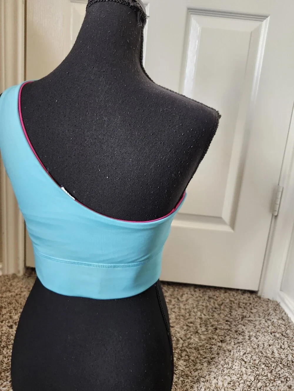 Fabletics One-Shoulder Aqua Sports Bra with Pink Trim